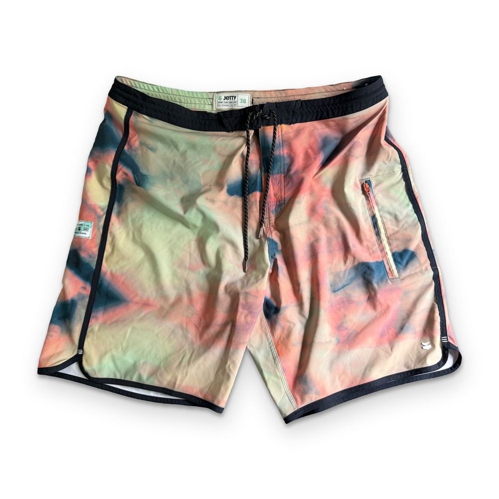 Jetty Board Shorts Mens 38 Watercolor Tie Dye Multi Color Swim Trunks Pocket